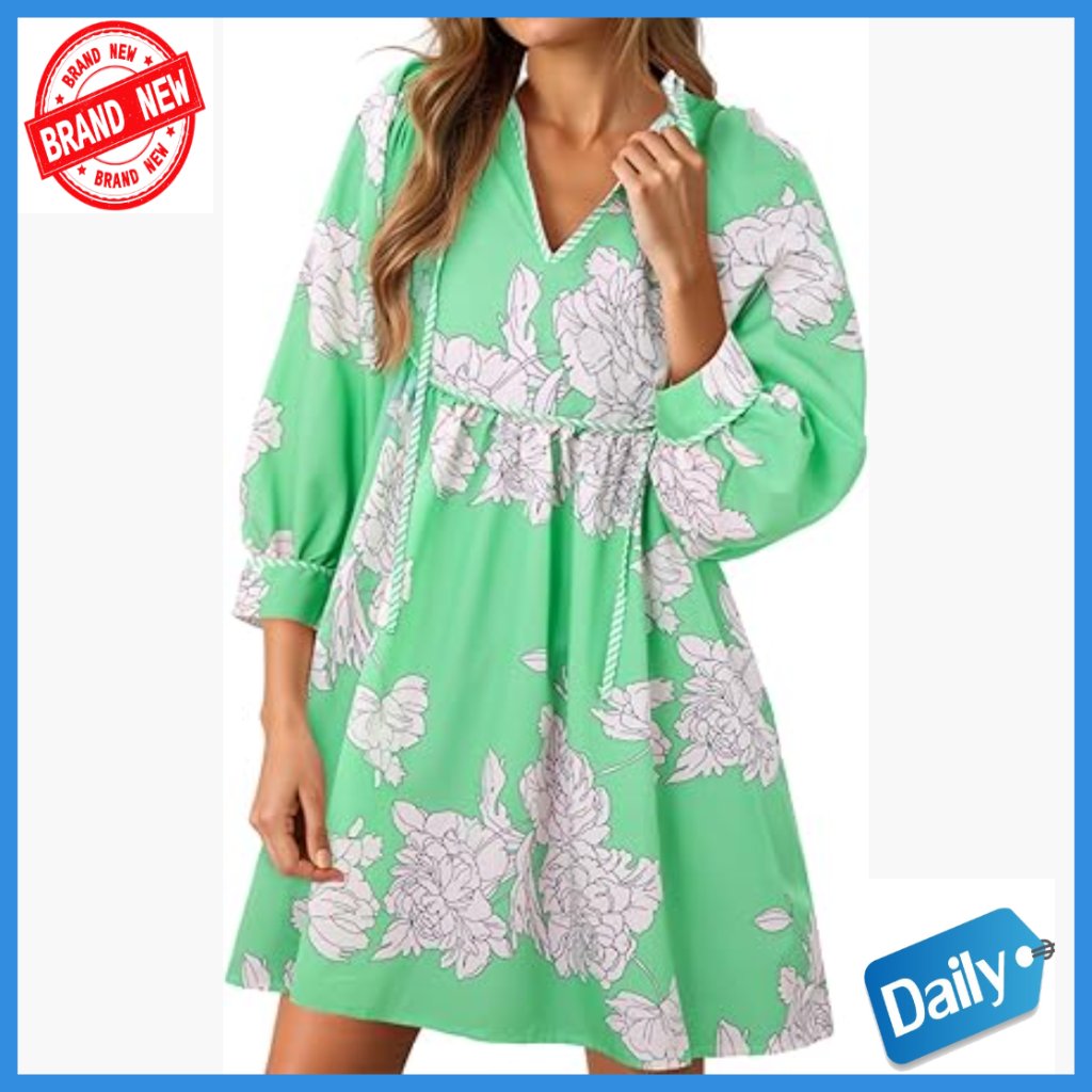 Floral Mini Dress With 3/4 Balloon Sleeves, V-Neck, Loose Fit